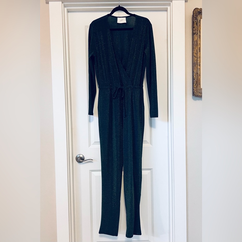 Navy Blue Gold Sparkle Surplice Neck Jumpsuit Size Large